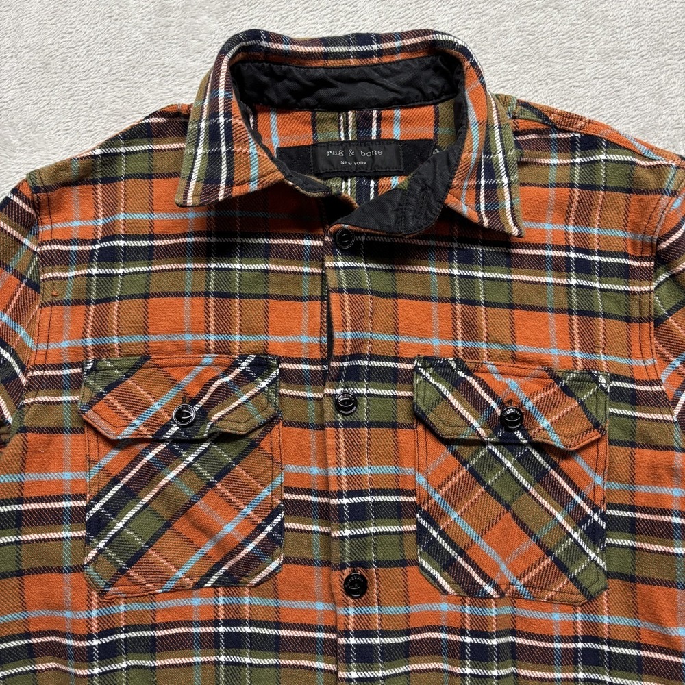 Rag & Bone Men's M (S) Orange Plaid‎ Flannel Shacket Long Sleeve Button Up